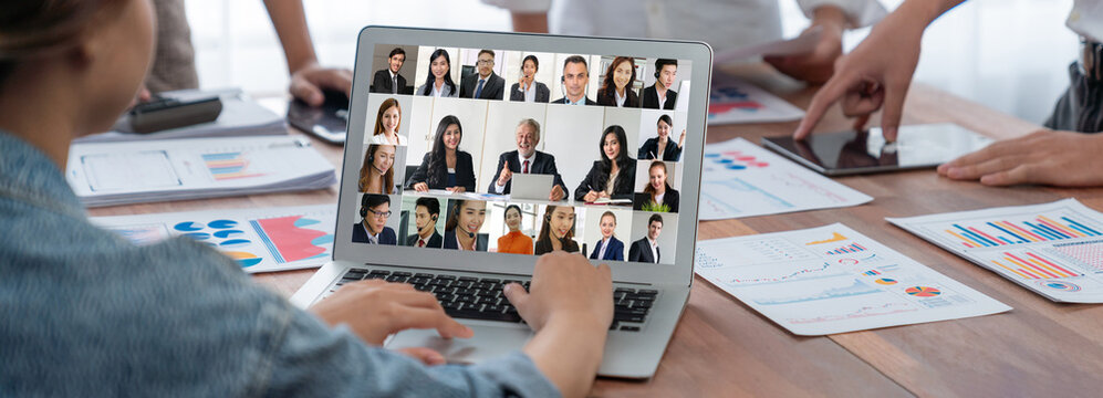 Business people on video conference for brisk virtual group meeting of corprate business office workers