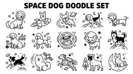 Obraz premium Space dog doodle set featuring cute puppies in astronaut suits and rockets for cosmic design projects