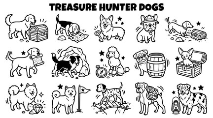 Fototapeta premium Treasure hunter dog breeds doodle set with chests and maps in black and white line art style