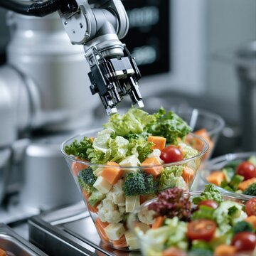 Automated robotic system constructing salad with precision mechanical gripper and fresh produce