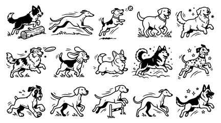 Fototapeta premium Set of various dog breeds running and jumping in a playful hand drawn vector illustration style