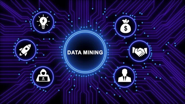 Advanced data mining concept featuring digital circuit board background, with glowing representing, business growth, cyber, security, innovation, financial, success, and corporate, 