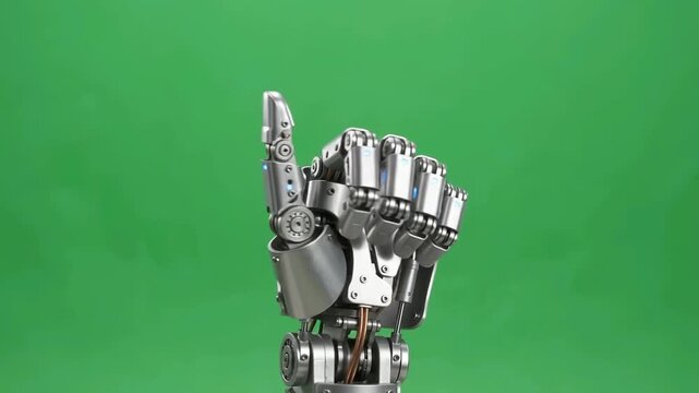 3D animation of a mechanical robot hand pointing index finger up and giving a thumbs up sign with glowing blue LED lights, isolated on a green screen chroma key background