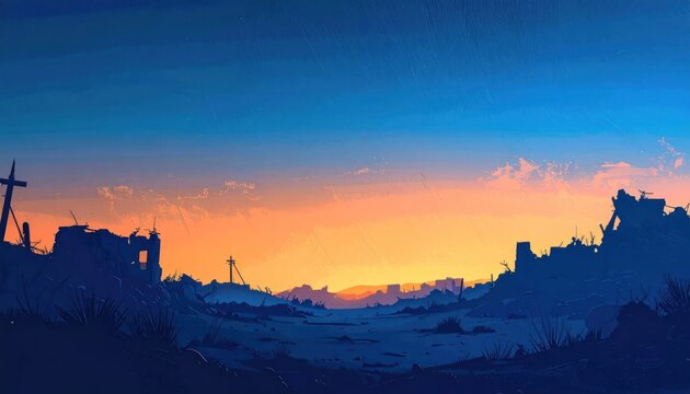 Post-Apocalyptic Landscape at Sunset: Ruined Cityscape Under a Vibrant Sky