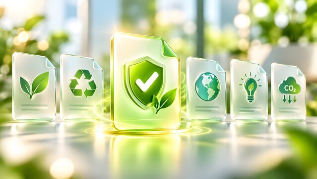 Environmental compliance and sustainability certification concept with eco friendly green icons and checkmark shield