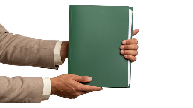 Two hands in beige blazer sleeves holding a closed green document folder with papers inside isolated on transparent PNG background