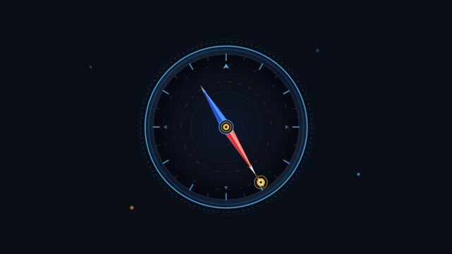 Futuristic digital compass HUD rotating needles animation on dark background
