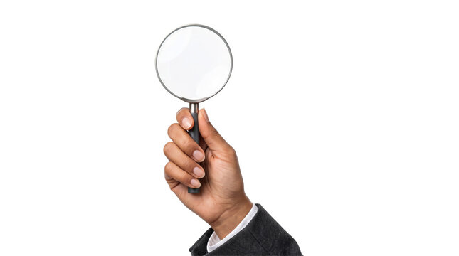 Businessman hand holding a magnifying glass upright for research png isolated on transparent background