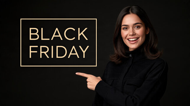 A smiling woman in a black turtleneck points towards a stylish sign that reads BLACK FRIDAY against a dark, luxurious backdrop, conveying excitement for a major shopping event.