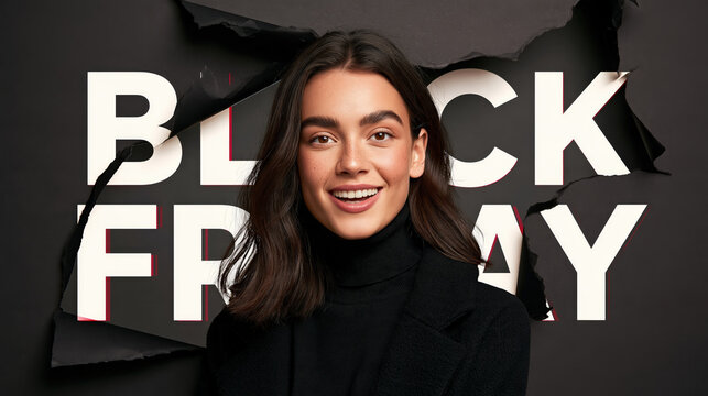 A smiling young woman with dark hair stands confidently in front of a bold BLACK FRIDAY graphic, emanating excitement and anticipation for the shopping event.