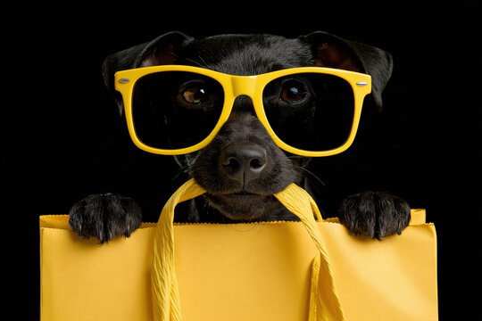 A black dog wearing cool yellow sunglasses, holding a yellow shopping bag in its mouth. The dog looks fashionable and ready for a shopping spree.