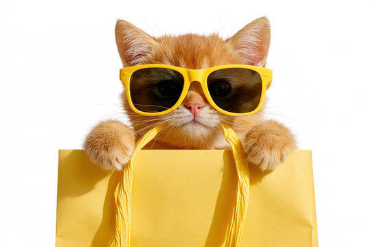 A ginger kitten wearing stylish yellow sunglasses peeks out of a bright yellow shopping bag, looking cool and playful.
