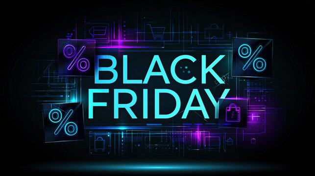 Black Friday sale event with glowing neon typography, surrounded by percentage signs and e-commerce icons, signifying a major shopping holiday and retail promotion.