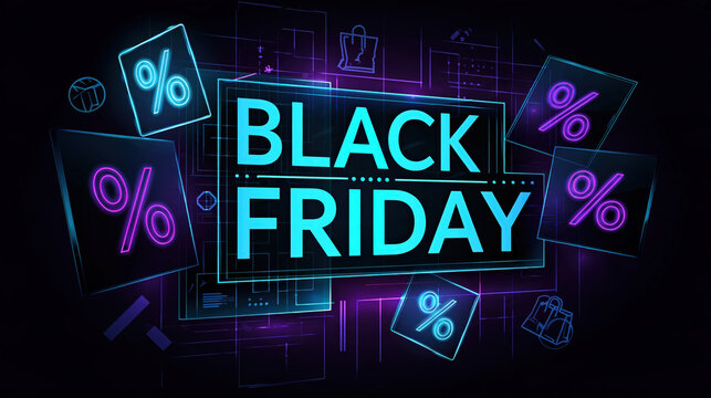 Black Friday sale event graphic with glowing neon signs and percentage symbols floating around the text, conveying a sense of urgency and excitement for shopping deals.