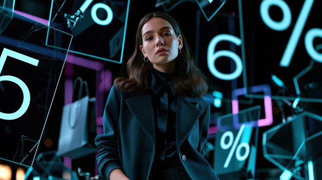 A young woman stands confidently amidst a futuristic, digital display of percentages and shopping bags, representing a modern shopping or sale event.