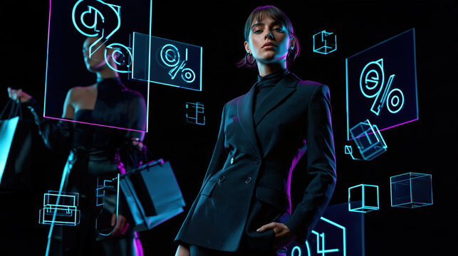 Futuristic fashion models showcase cutting-edge style amidst a digital backdrop of glowing percentage signs and cube shapes, representing a modern shopping experience.