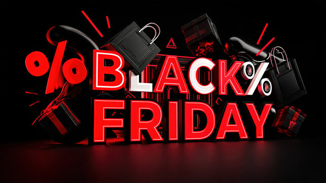 Bold, glowing red and white text proclaims BLACK FRIDAY amidst an explosion of shopping bags, gift boxes, and percentage signs, creating a vibrant and energetic visual for the ultimate retail event.