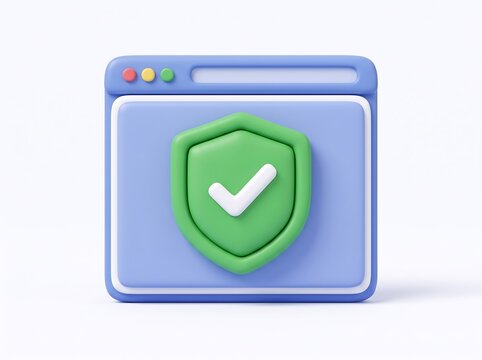 Web browser window with shield and checkmark icon security shield check mark internet safety 3D