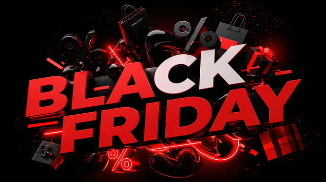 The Black Friday sale event is depicted with bold, electrifying red and white lettering against a dark background, surrounded by abstract graphic elements like shopping bags, gift boxes.