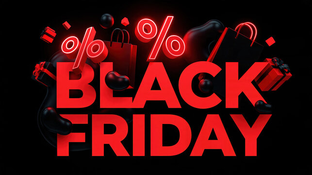Black Friday sale graphic with bold red text, glowing percentage signs, shopping bags, and gift boxes, set against a dark background, symbolizing consumerism and retail deals.