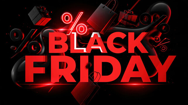 Black Friday Sale advertisement with percentage symbol and shopping bag icons, red and black color palette, representing discount and promotion.