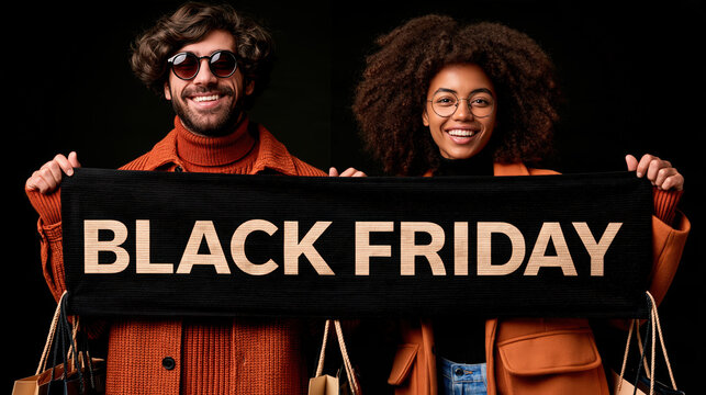 A happy couple proudly displays a BLACK FRIDAY banner, ready for shopping spree with bags in hand, conveying excitement for the sales event.