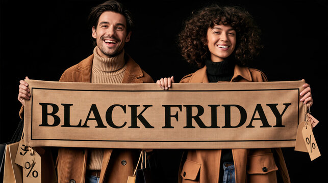 Happy couple holding a Black Friday banner with shopping bags and discount tags, celebrating the biggest shopping day of the year with excitement and anticipation.