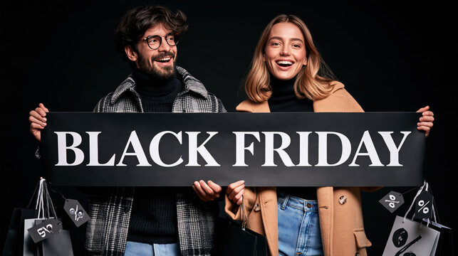 Excited couple beaming with joy, holding a BLACK FRIDAY sign surrounded by shopping bags and sale tags, capturing the thrill of bargain hunting.
