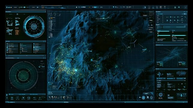 Hybrid civil military UAV control dashboard, elevation mesh, sensor grid points, flight corridors Stock Illustration