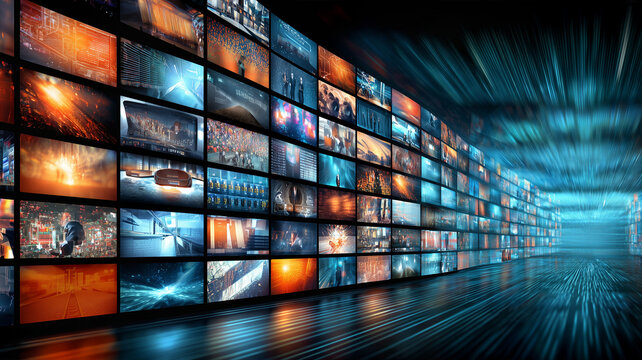 A wall of digital screens displaying multimedia content represents broadcasting, streaming media and modern video technology.
