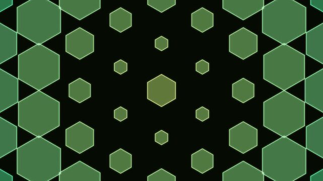 Abstract green hexagons moving in rhythmic motion create dynamic geometric pattern for high tech background