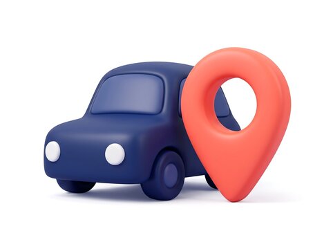 3D render of a blue toy car next to a large red location pin with map pin map pointer location ico