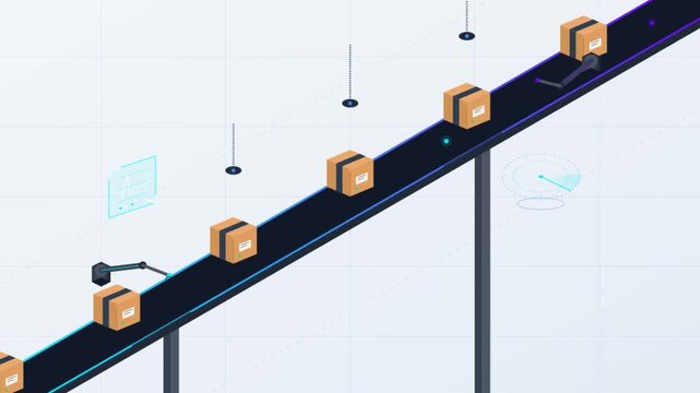 Isometric 3D animation of automated conveyor belt moving packages in warehouse