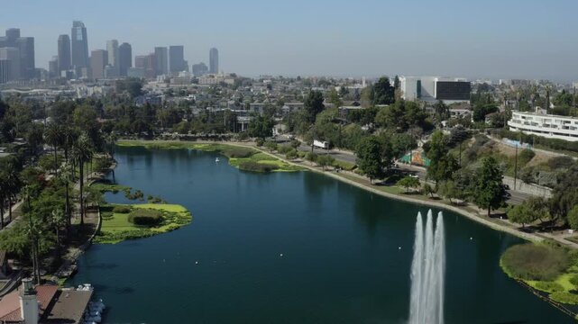 Los Angeles Skyline Aerial Orbit Reveal Over Echo Park