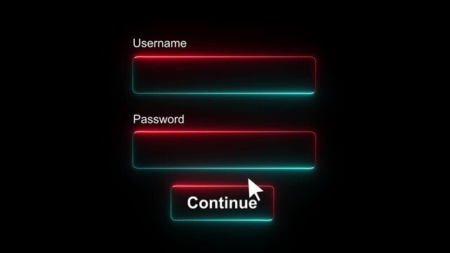 Glowing neon login Form UI Animation with Cursor Clicking Username and Password Fields, Typing Effect, and Continue Button Press for Authentication, Website, and 4k motion graphics animation video.