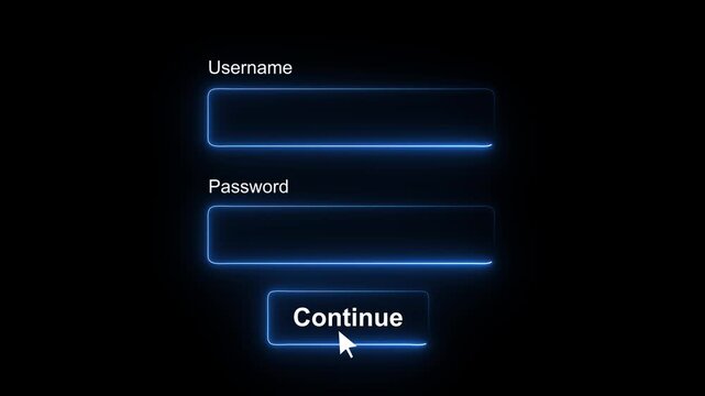Glowing neon login Form UI Animation with Cursor Clicking Username and Password Fields, Typing Effect, and Continue Button Press for Authentication, Website, and 4k motion graphics animation video.
