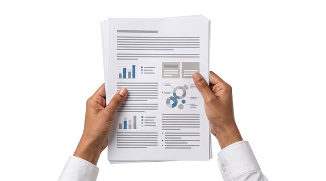 Businessman hands holding a financial report document with charts png isolated on transparent background