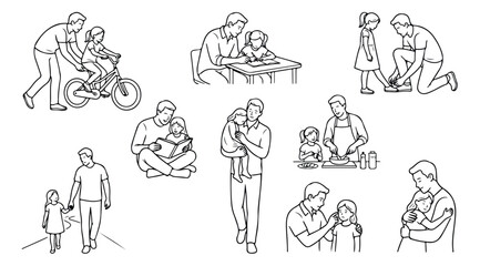 Fototapeta premium Father and daughter vector line art set, dad parenting scenes outline collection, fatherhood line drawing illustrations for family design projects