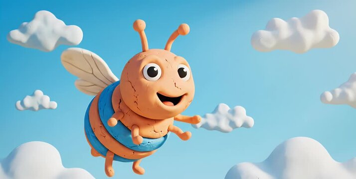 A cheerful, cartoon-style bee with orange and blue stripes flying happily in a bright blue sky surrounded by fluffy white clouds.