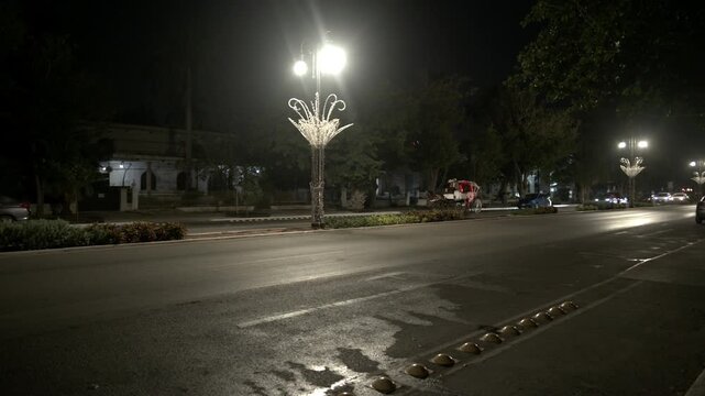 Calesa tradicional recorriendo Paseo de Montejo de noche en M&eacute;rida, Yucat&aacute;n; suave paneo siguiendo su recorrido.