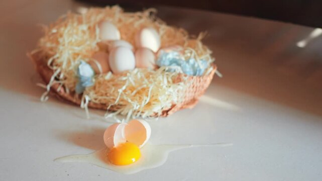 Nest with eggs and broken eggshell on surface