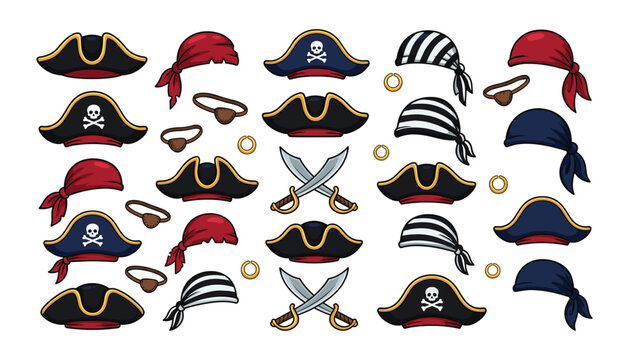 Pirate Headwear and Costume Accessory Icon Set Featuring Tricorn Hats Bandanas Eyepatches Crossed Swords and Gold Earrings for Photo Booth Carnival Graphic Vector Designs