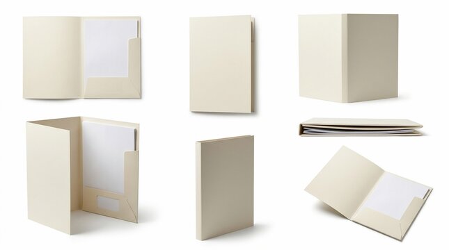 Beige presentation folders displayed from various angles for mockups