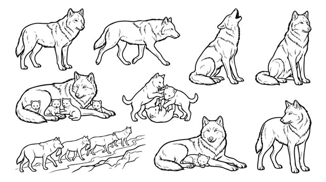 Wolf line art vector set, hand drawn wild wolf silhouettes and animal outlines, wolf pack line art for coloring books