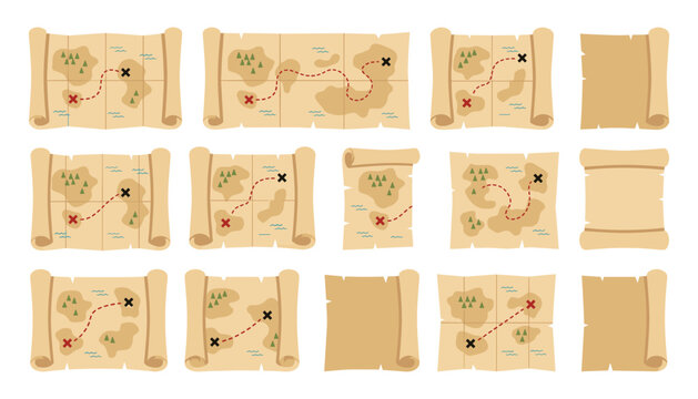 Vintage Pirate Treasure Maps and Old Blank Paper Scrolls Vector Asset Set for Adventure Game Interface Layout Designs and Historic Cartography Background Graphics