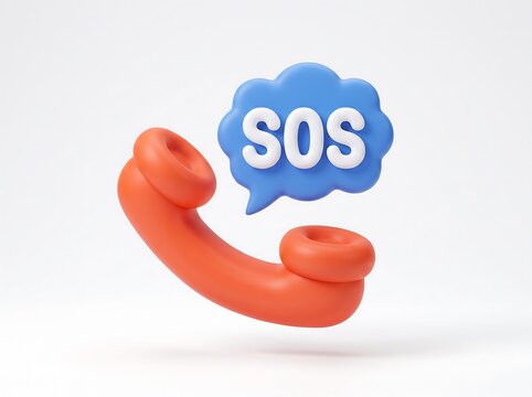 3D illustration of an orange telephone handset with a blue sos speech bubble sos icon emergency