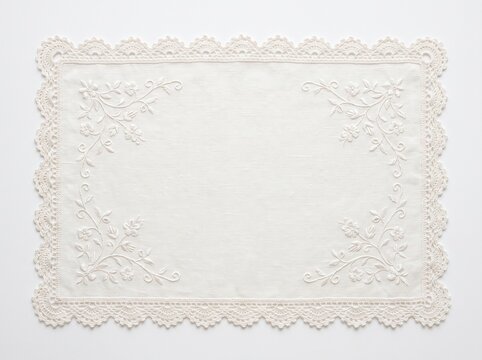 A rectangular white linen placemat with intricate floral embroidery and decorative crocheted lace trim on a plain white background