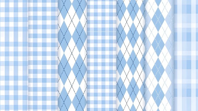 Pastel blue gingham, checkered and argyle seamless pattern set. Plaid backgrounds. Soft print for tablecloth, textile and fabric. Vector illustration Stock Vector