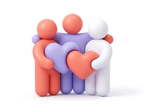 Three stylized figures hugging and holding hearts as a symbol of unity and friendship with community 3D