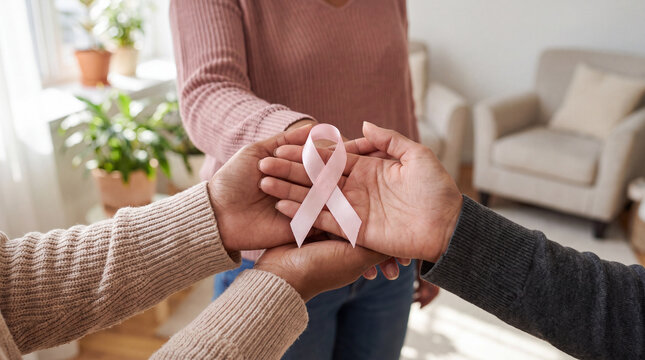 People holding a pink ribbon together to symbolize breast cancer awareness, support, solidarity, and hope.
